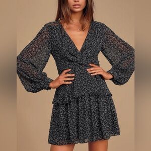Lulu’s Tell You I Love You Black Floral Print Twist-Front Mini Dress